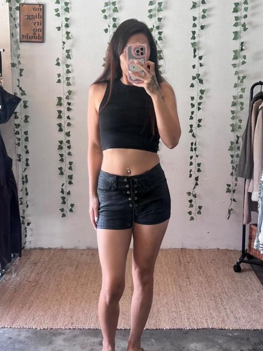 Black high waisted faux snake skin lace up shorts size M